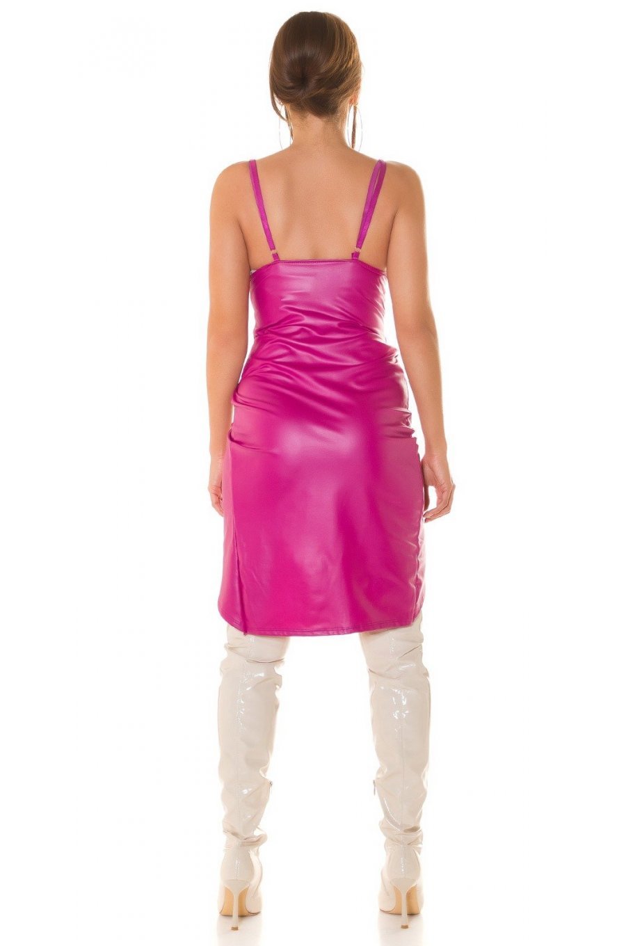 Rochie de club scurta, din piele eco, roz fucsia, mulata, tip corset, asimetrica, Edythe  5 - jojofashion.ro