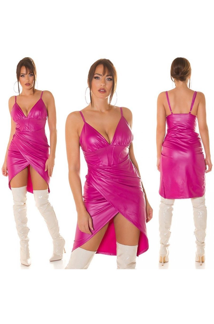 Rochie de club scurta, din piele eco, roz fucsia, mulata, tip corset, asimetrica, Edythe  6 - jojofashion.ro