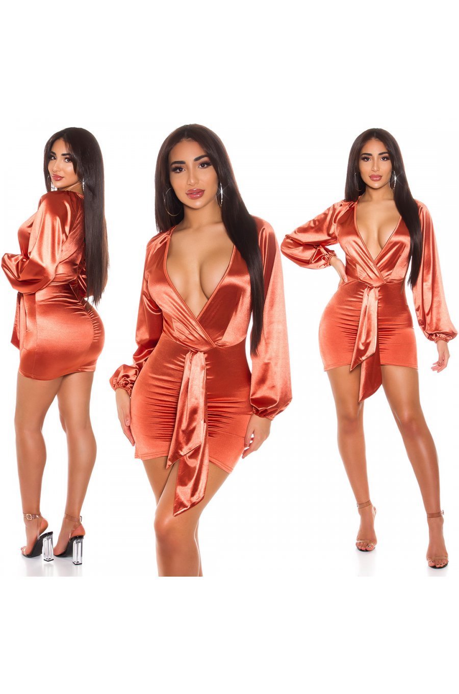 Rochie scurta mulata din satin bronz cu maneca lunga Kaylee 6 - jojofashion.ro