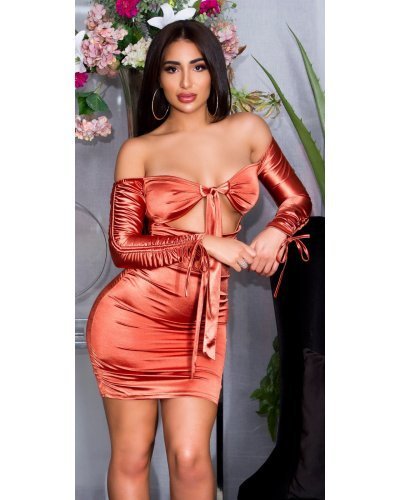 Rochie scurta din satin bronz mulata cu umerii goi Oksana - jojofashion.ro