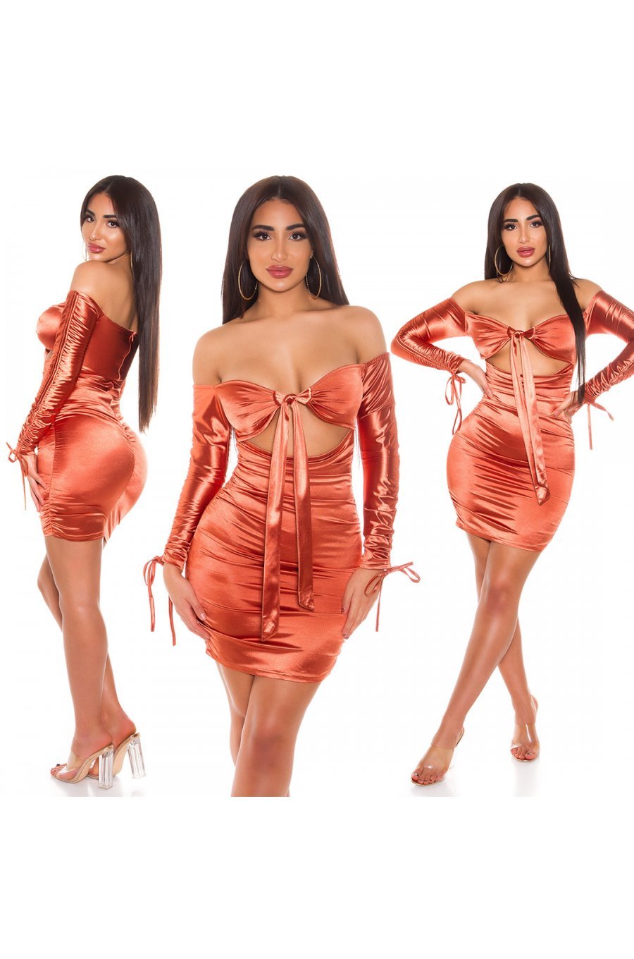 Rochie scurta din satin bronz mulata cu umerii goi Oksana Rochie scurta din satin bronz mulata cu umerii goi Oksana 6 - jojofashion.ro
