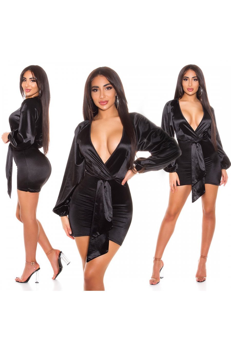 Rochie scurta neagra din satin mulata cu maneca lunga Kaylee 7 - jojofashion.ro