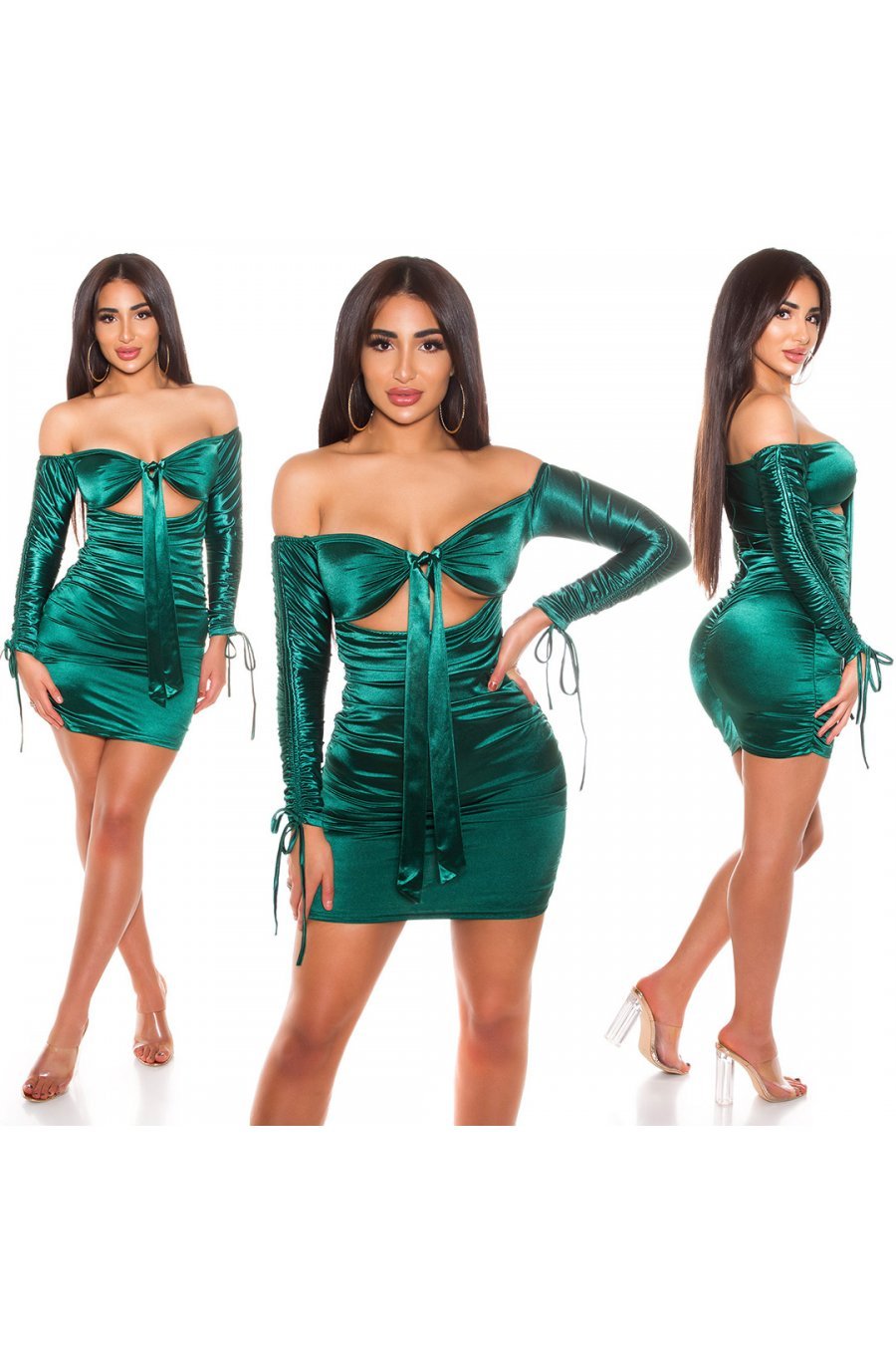 Rochie de club scurta, din satin, verde, mulata, cu umerii goi, Oksana 6 - jojofashion.ro