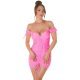 Rochie de club scurta, roz bombon, mulata, cu umerii goi, drapata, Karla 2 - jojofashion.ro