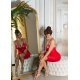 Rochie scurta rosie mulata din imitatie de piele si insertii din tul Lowen 5 - jojofashion.ro