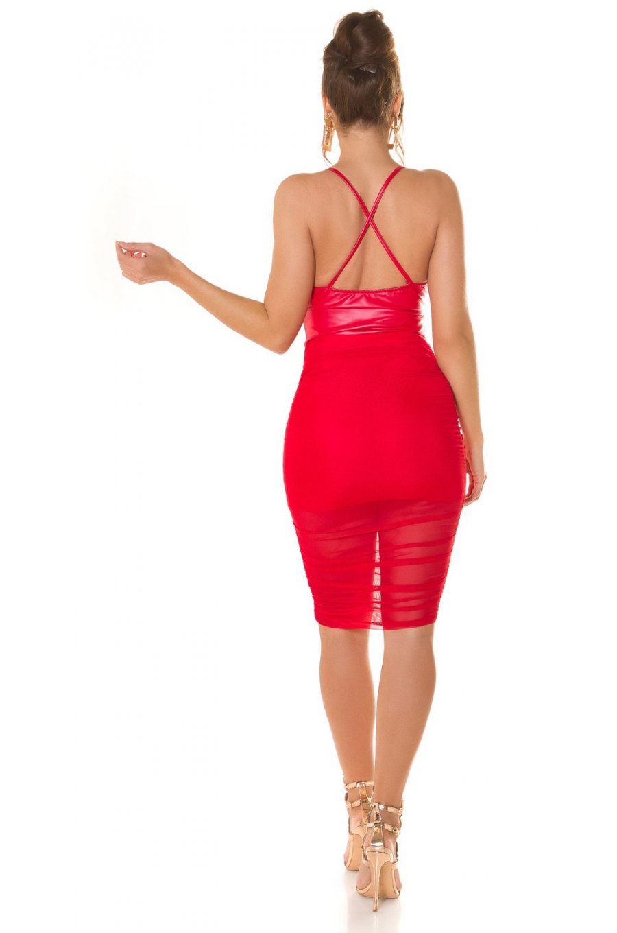 Rochie scurta rosie mulata din imitatie de piele si insertii din tul Lowen 8 - jojofashion.ro