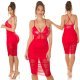 Rochie de club scurta, imitatie de piele si insertii din tul, rosie, mulata, Lowen 11 - jojofashion.ro