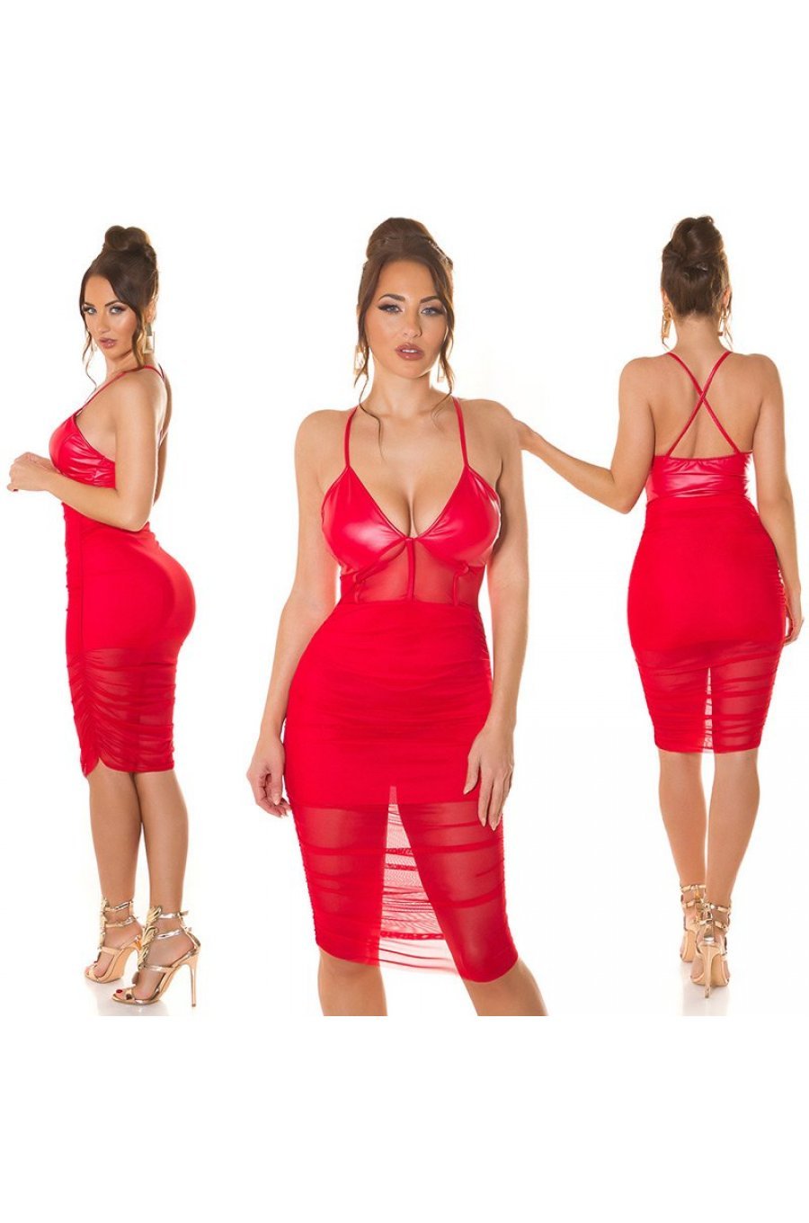 Rochie scurta rosie mulata din imitatie de piele si insertii din tul Lowen 10 - jojofashion.ro