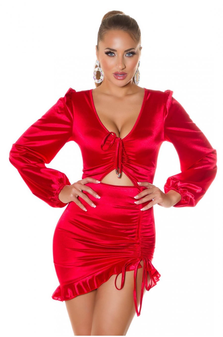 Rochie scurta rosie din satin mulata cu maneca lunga Graciela 1 - jojofashion.ro