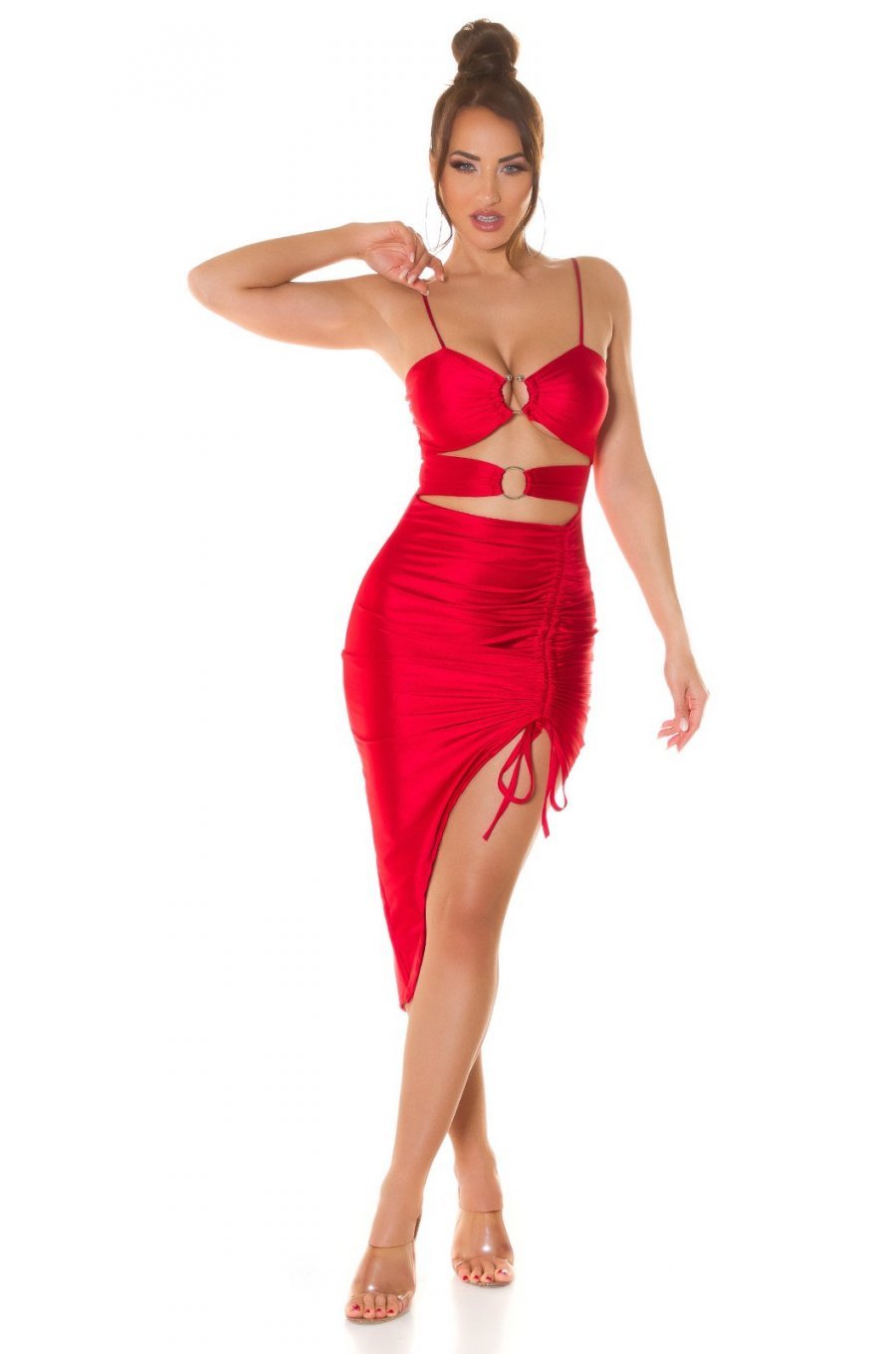 Rochie de club scurta, rosie, mulata, incretita, cu decupaje, asimetrica, Maia 3 - jojofashion.ro