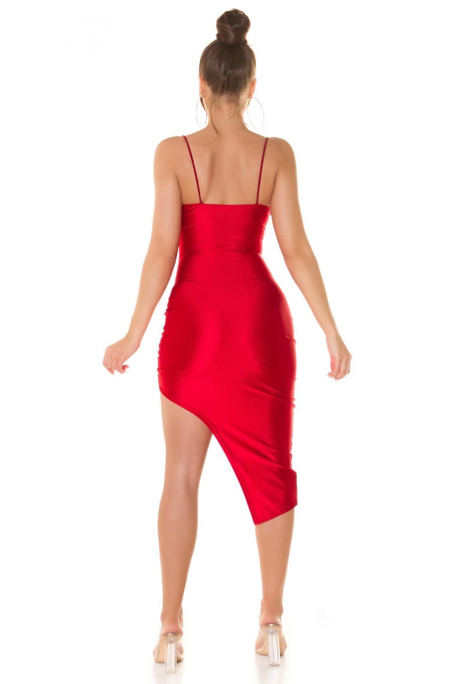 Rochie de club scurta, rosie, mulata, incretita, cu decupaje, asimetrica, Maia 5 - jojofashion.ro