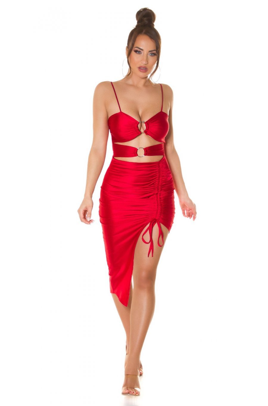 Rochie de club scurta, rosie, mulata, incretita, cu decupaje, asimetrica, Maia 6 - jojofashion.ro