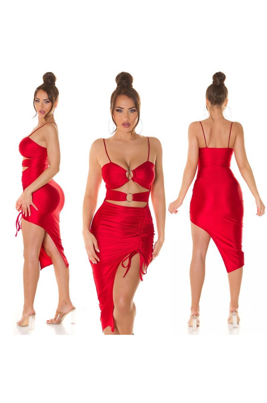 Rochie de club scurta, rosie, mulata, incretita, cu decupaje, asimetrica, Maia 7 - jojofashion.ro
