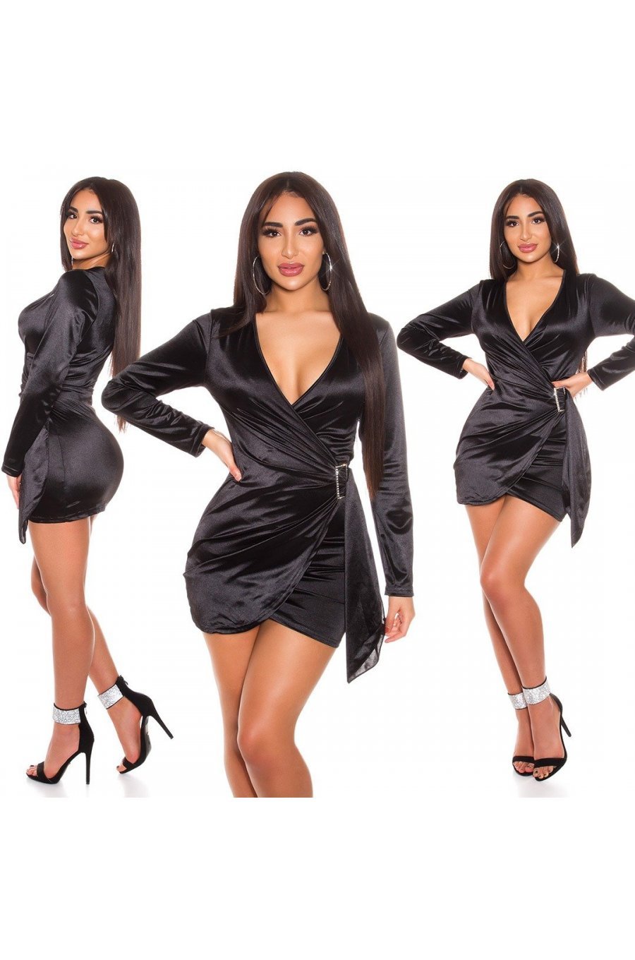 Rochie scurta neagra din satin mulata cu maneca lunga Althea  6 - jojofashion.ro