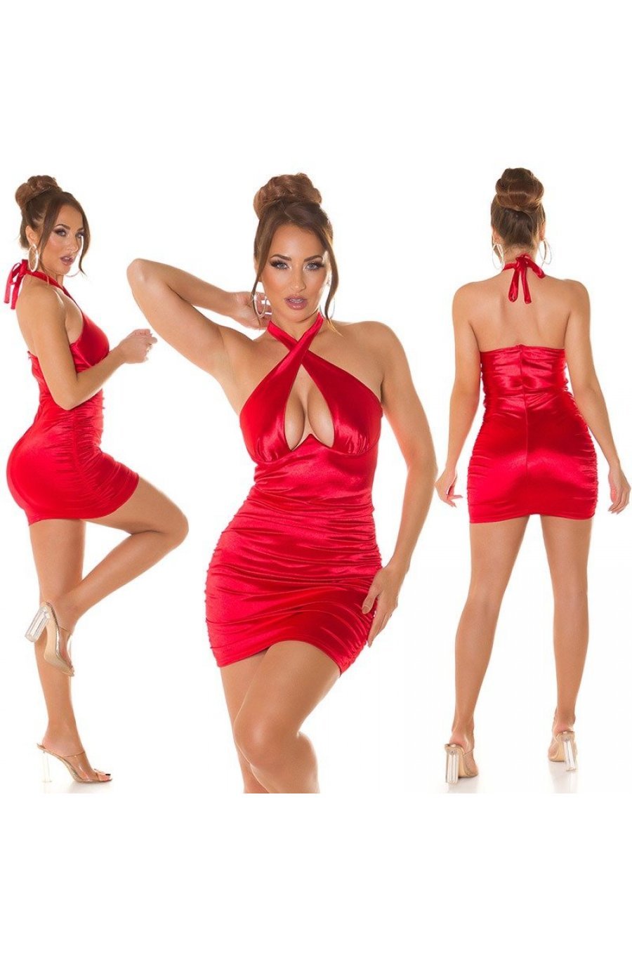 Rochie scurta rosie din satin mulata cu umerii goi Innana  6 - jojofashion.ro