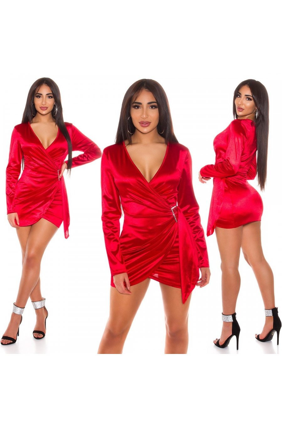 Rochie de club scurta, satin, rosie, mulata, cu maneca lunga, Althea  5 - jojofashion.ro