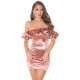 Rochie scurta din satin roz prafuit mulata cu volane cu umerii goi Roby 2 - jojofashion.ro