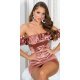 Rochie scurta din satin roz prafuit mulata cu volane cu umerii goi Roby 4 - jojofashion.ro