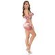 Rochie scurta din satin roz prafuit mulata cu volane cu umerii goi Roby 6 - jojofashion.ro