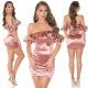Rochie scurta din satin roz prafuit mulata cu volane cu umerii goi Roby 8 - jojofashion.ro