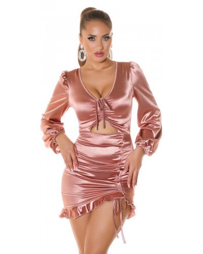 Rochie scurta din satin roz pudrat mulata cu maneca lunga Graciela Rochii satin, Rochie scurta din satin roz pudrat mulata cu maneca lunga Graciela - jojofashion.ro