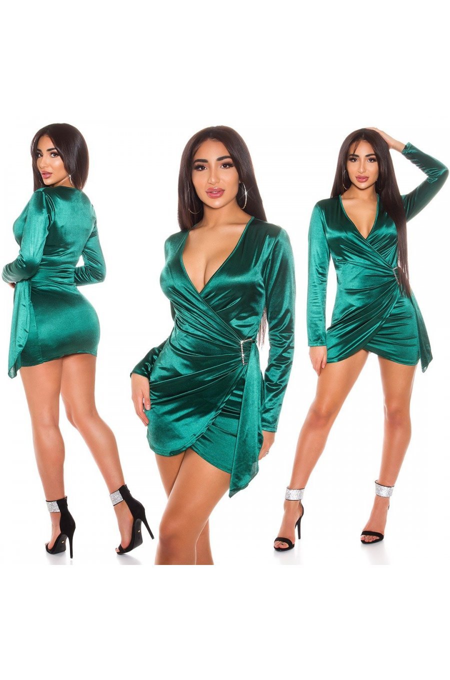 Rochie de club scurta, satin, verde turcoaz, mulata, cu maneca lunga, Althea  6 - jojofashion.ro