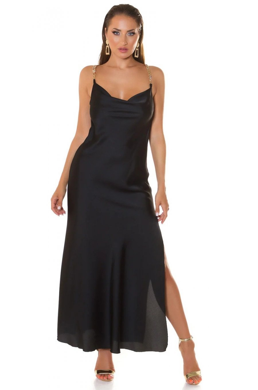 Rochie de club tip furou lunga satin negru India 3 - jojofashion.ro