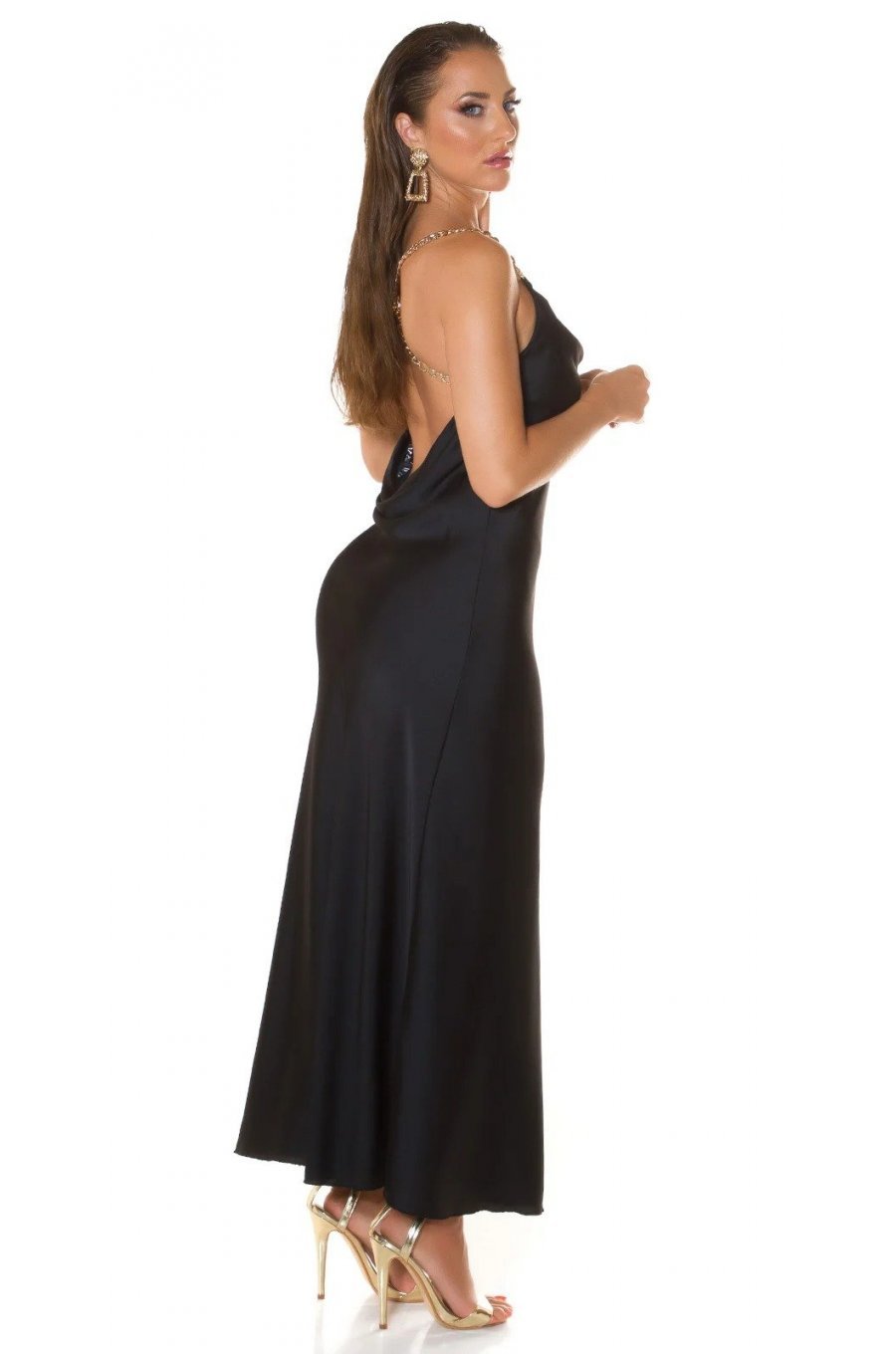 Rochie de club tip furou lunga satin negru India 4 - jojofashion.ro