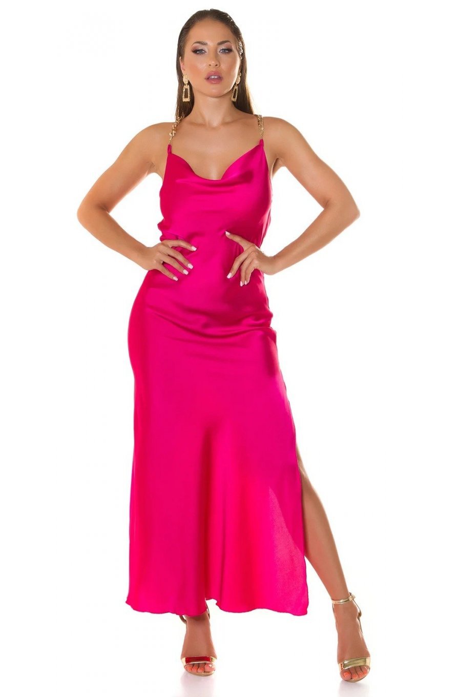 Rochie de club tip furou lunga satin roz ciclam India 3 - jojofashion.ro