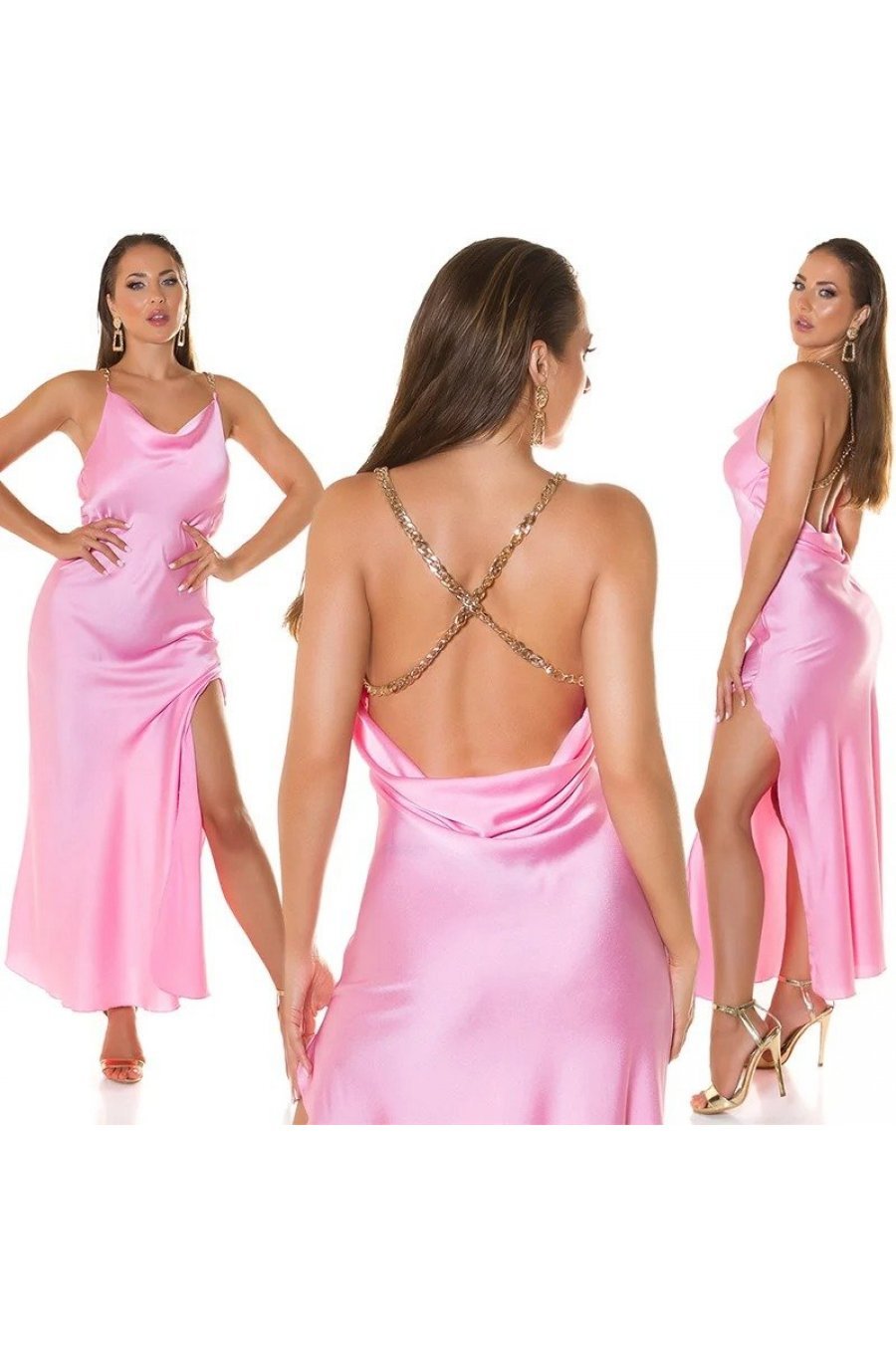 Rochie de club tip furou lunga satin roz pal India 6 - jojofashion.ro