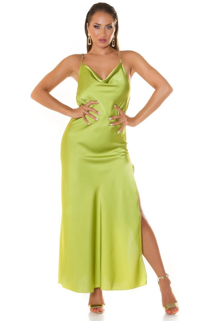 Rochie de club tip furou lunga satin verde India 3 - jojofashion.ro