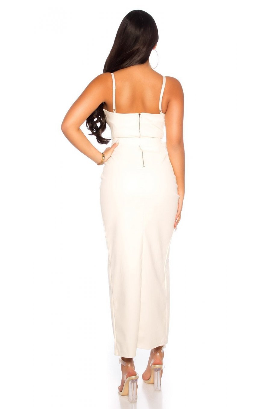 Rochie lunga din piele eco, ecru, crapata pe picior, Emaya Rochie lunga din piele eco, ecru, crapata pe picior, Emaya 3 - jojofashion.ro
