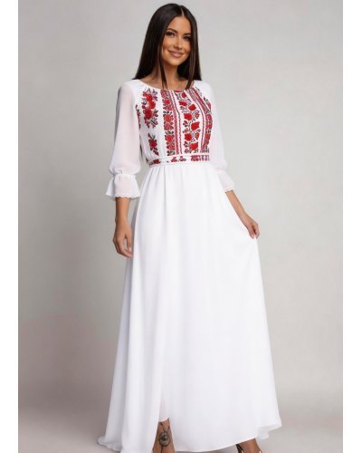 Rochii vaporoase, Rochie lunga alba din voal cu motive traditionale Saray - jojofashion.ro