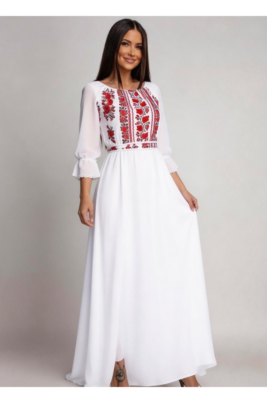 Rochie lunga alba din voal cu motive traditionale Saray 1 - jojofashion.ro