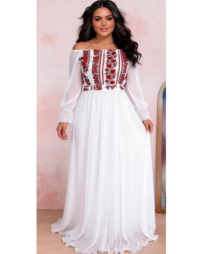 Rochii vaporoase, Rochie lunga alba din voal cu motive traditionale Saray - jojofashion.ro