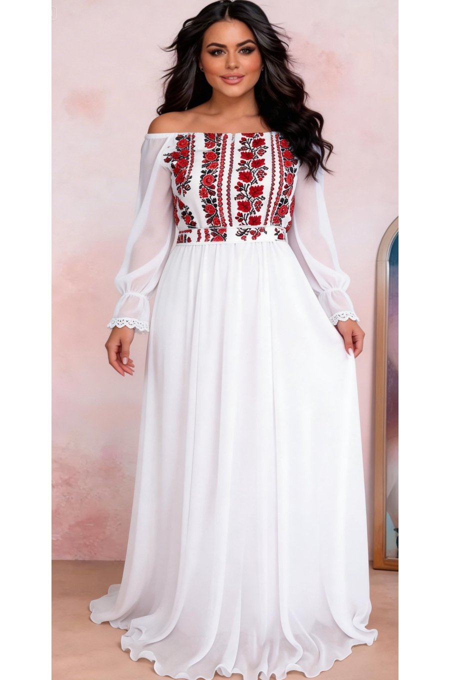 Rochie lunga alba din voal cu motive traditionale Saray 2 - jojofashion.ro