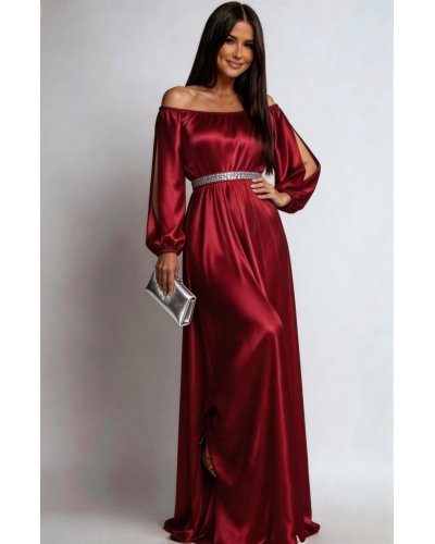 Rochii de Ocazie Elegante, Rochie lunga burgundy din satin vaporoasa cu maneca lunga Larisa  - jojofashion.ro