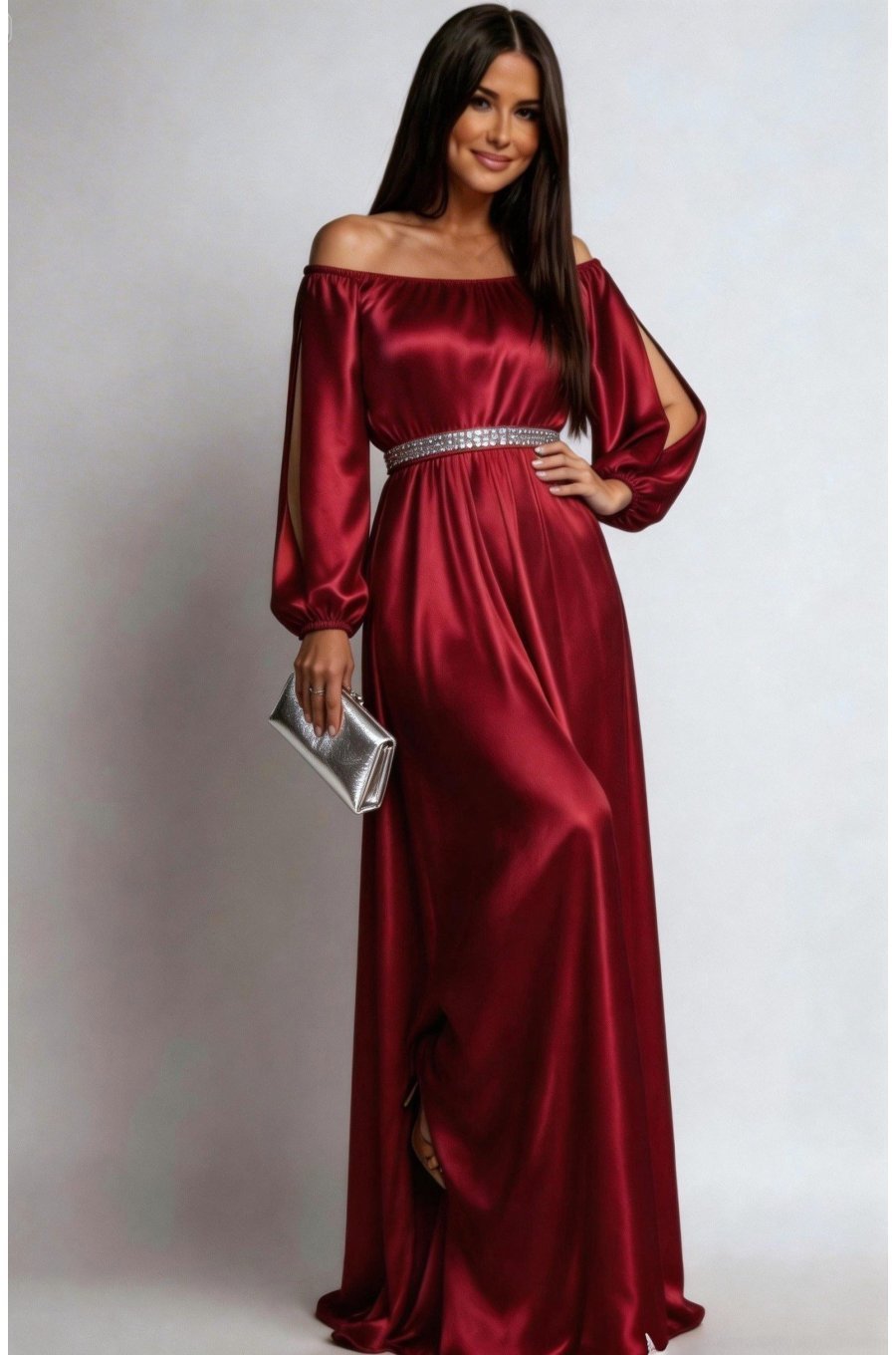 Rochie lunga burgundy din satin vaporoasa cu maneca lunga Larisa  1 - jojofashion.ro