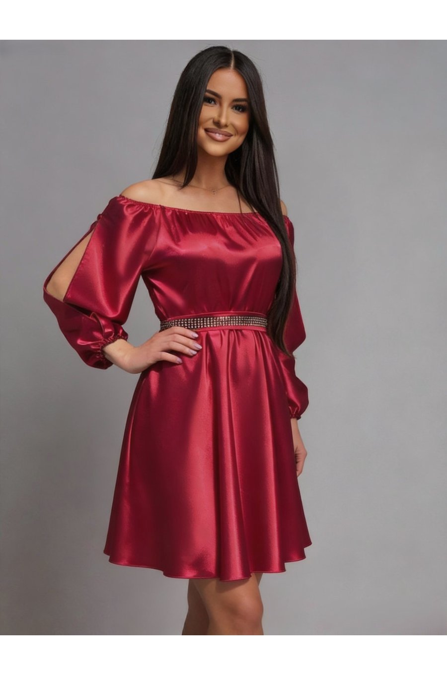 Rochie scurta rosie din satin babydoll cu umerii goi Calirroe  1 - jojofashion.ro