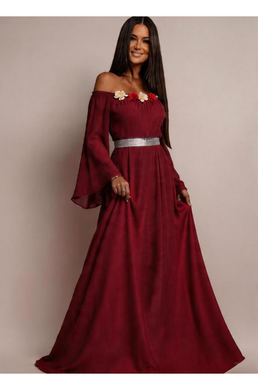 Rochie lunga ocazie din voal burgundy FairyTale 2 - jojofashion.ro