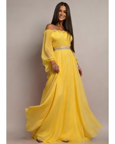 Rochii banchet, Rochie lunga galbena din voal vaporoasa FairyTale - jojofashion.ro