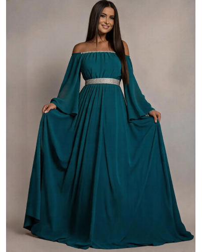 Rochii verzi, Rochie de ocazie lunga din voal turcoaz Cinderella - jojofashion.ro