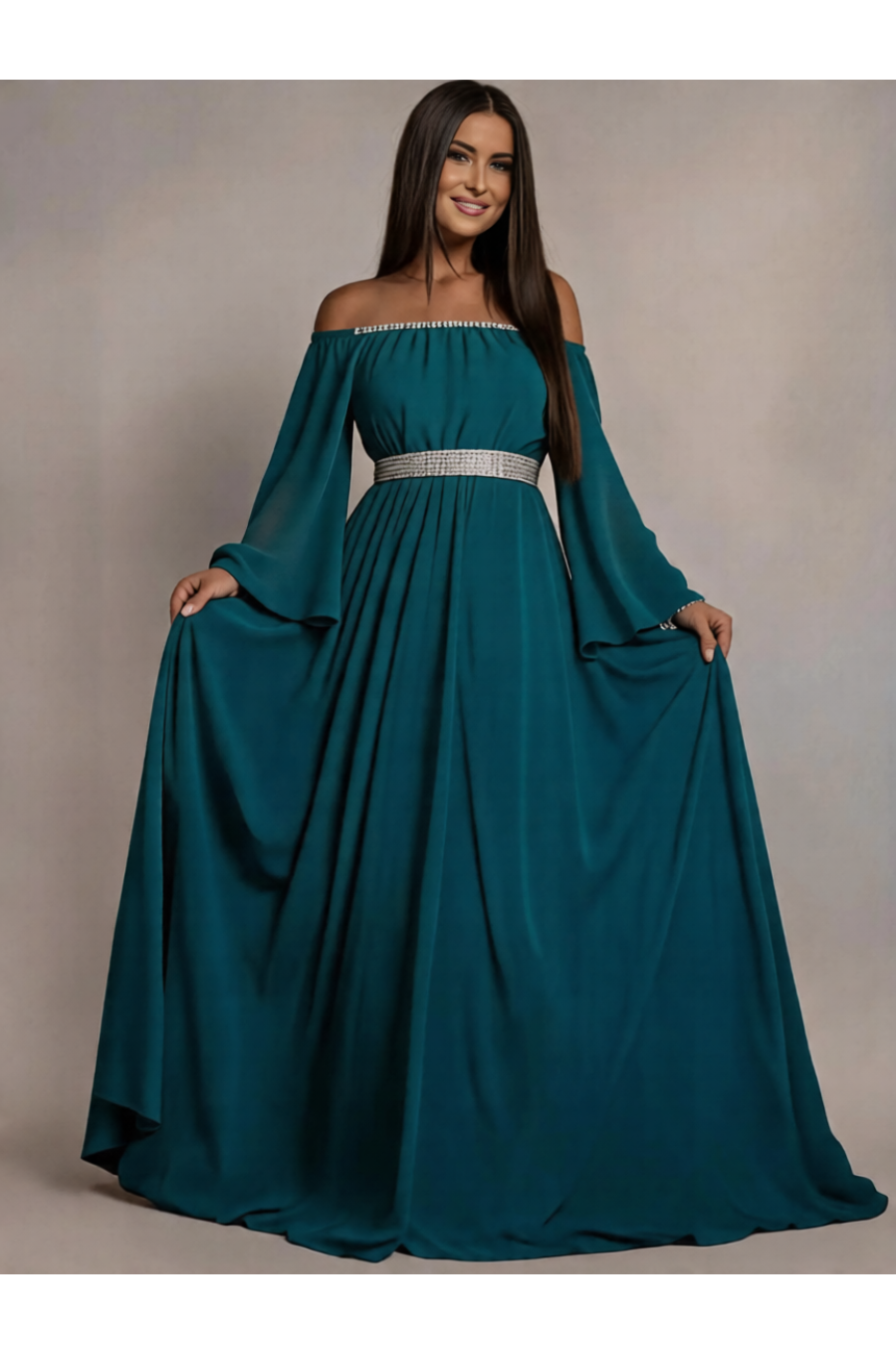Rochie de ocazie lunga din voal turcoaz Cinderella 1 - jojofashion.ro
