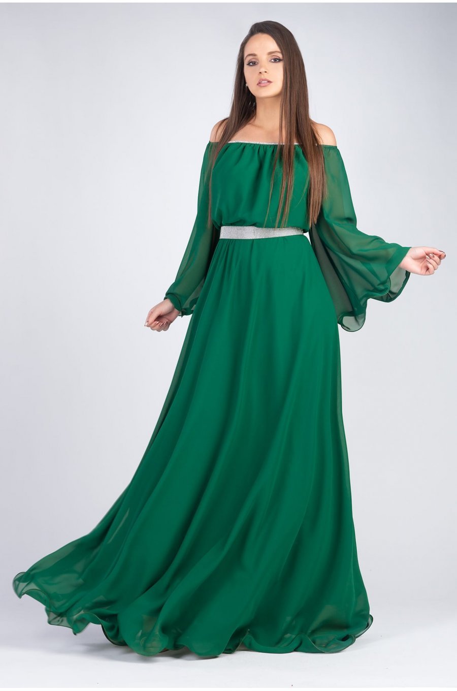 Rochie de ocazie lunga din voal verde smarald Cinderella 1 - jojofashion.ro