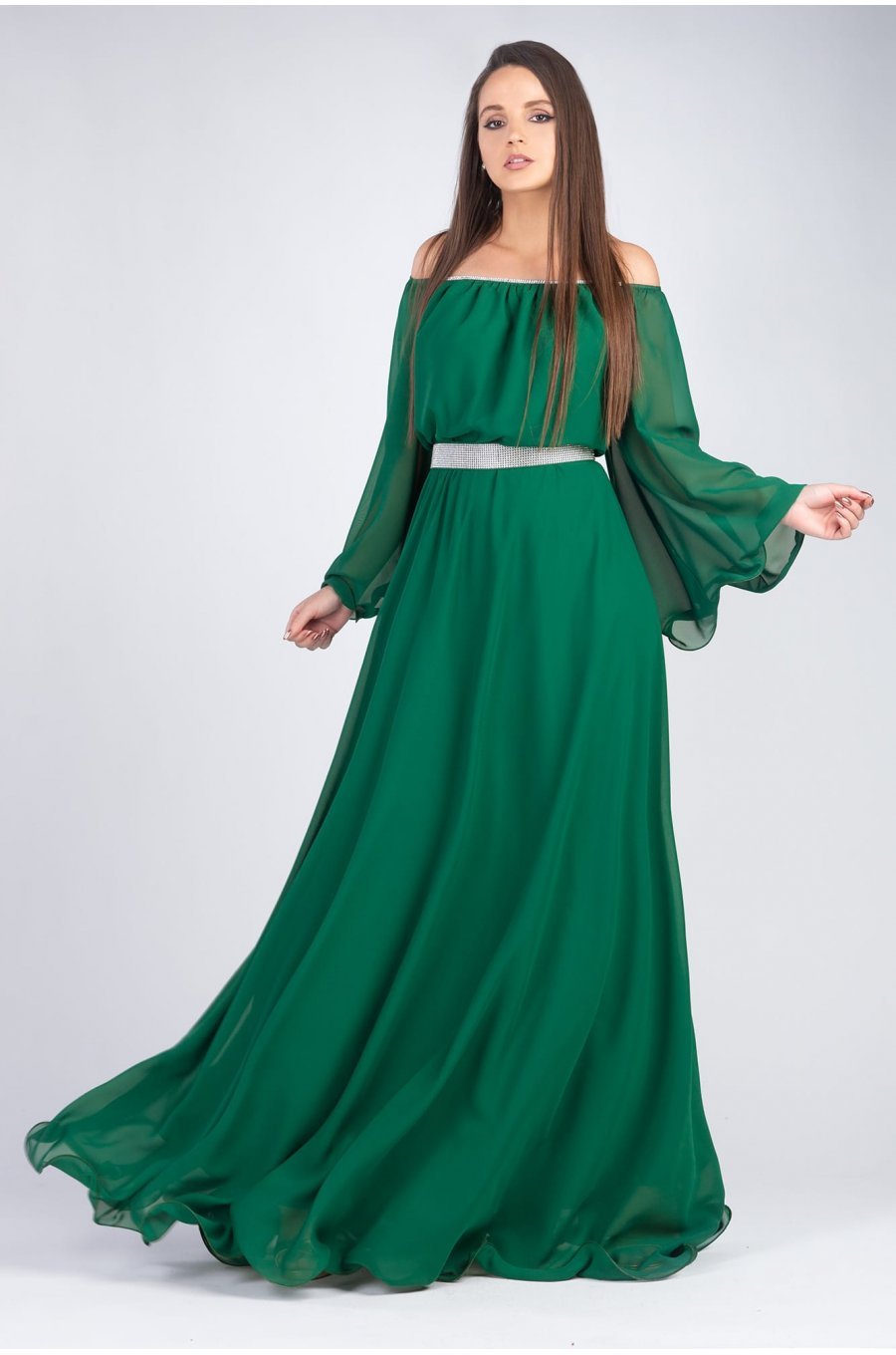 Rochie lunga verde smarald din voal Cinderella 1 - jojofashion.ro
