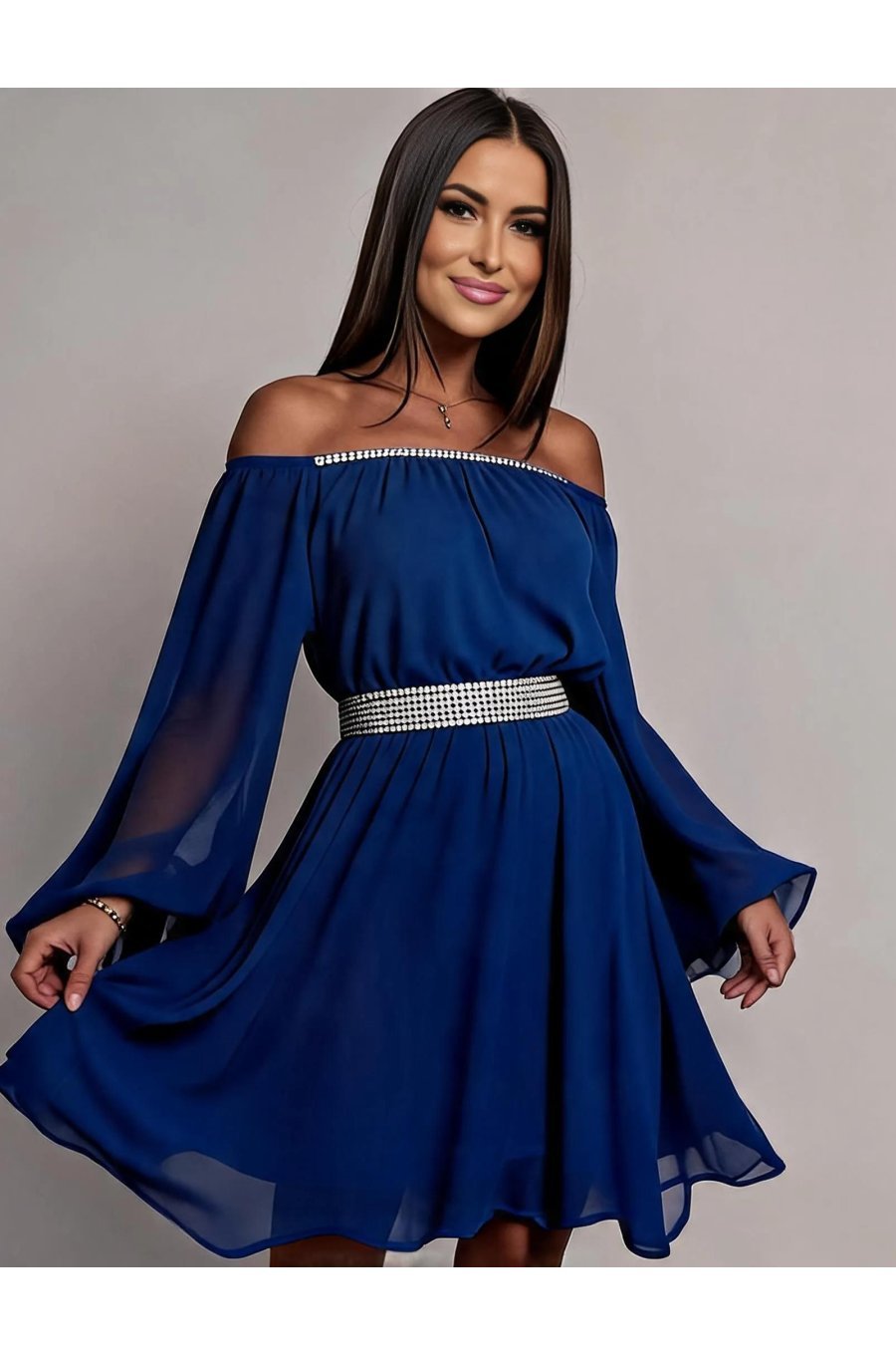 Rochie midi albastra din voal vaporoasa Alexia 1 - jojofashion.ro