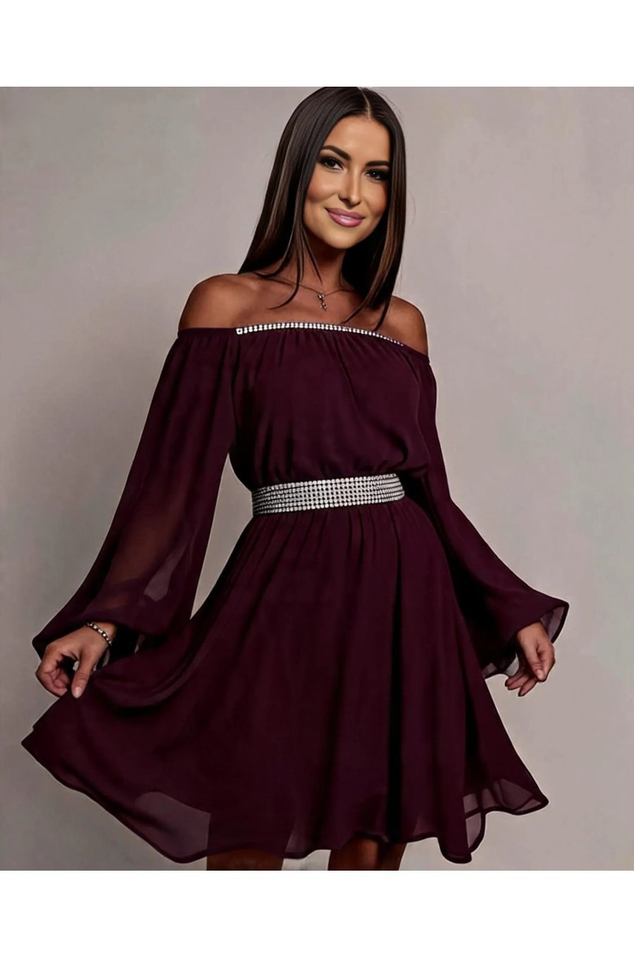 Rochie de ocazie midi vaporoasa din voal mov Alexia 1 - jojofashion.ro