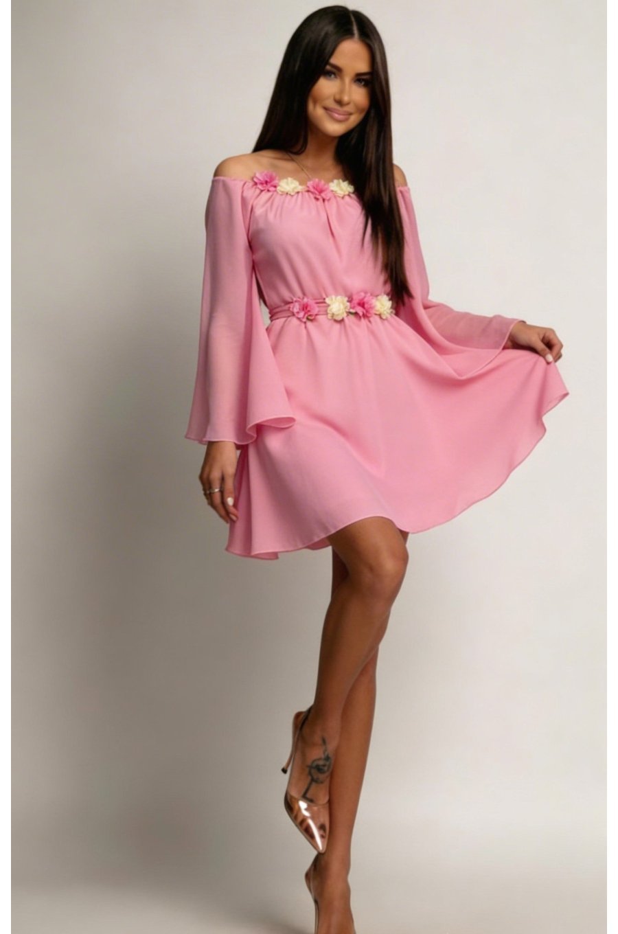 Rochie scurta roz din voal cu maneca lunga Raisa 1 - jojofashion.ro