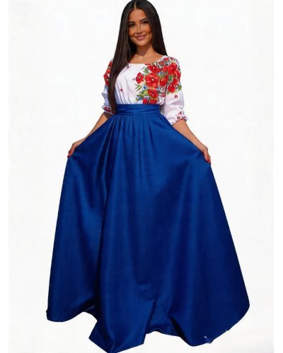 Rochii tafta, Rochie traditionala lunga din tafta albastra cu maci rosii Anna - jojofashion.ro