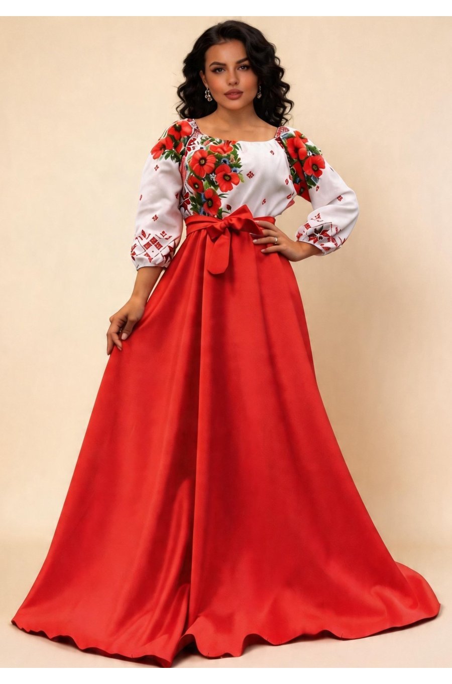 Rochie traditionala lunga din tafta rosie cu maci Anna 3 - jojofashion.ro